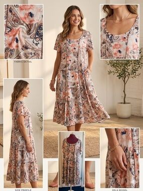 Sami & Jo Plus 26/28 Midi Scoop-Neck Dress in Peach Floral Paisley Event Wear